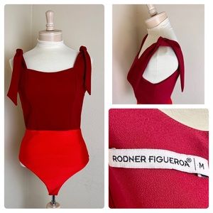 Rodner Figueroa Designer Bright Red Bodysuit Bow Top Womens M Ex Cond! $200